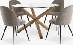 AGERBY Ø119 tafel eiken + 4 KOKKEDAL stoelen fluweel grijs