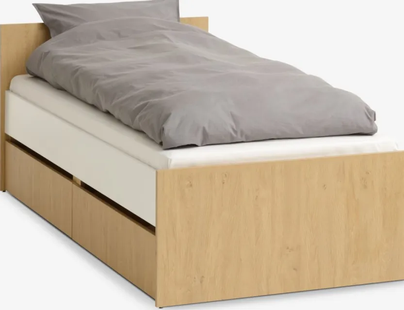 Bedframe BILLUND 90x200 met opbergruimte wit/eiken