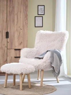 Fauteuil HVILSTED met voetenbank off-white teddy/naturel