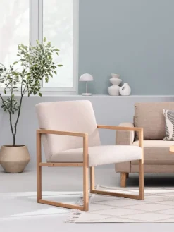 Fauteuil KALUNDBORG zandkleurige stof/eiken