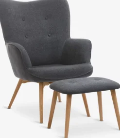 Fauteuil SKALBORG met voetenbank donkergrijze stof/eiken