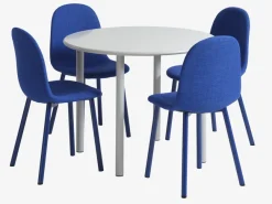 HANSTED Ø100 tafel warmgrijs + 4 EJSTRUP stoelen blauw
