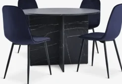 KRONDAL Ø110 tafel marmer + 4 BISTRUP fluweel donkerblauw