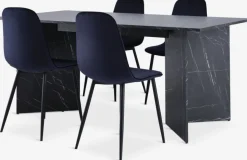 KRONDAL L180 tafel marmer + 4 BISTRUP fluweel donkerblauw
