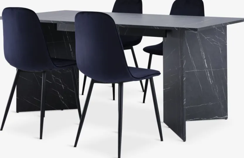 KRONDAL L180 tafel marmer + 4 BISTRUP fluweel donkerblauw