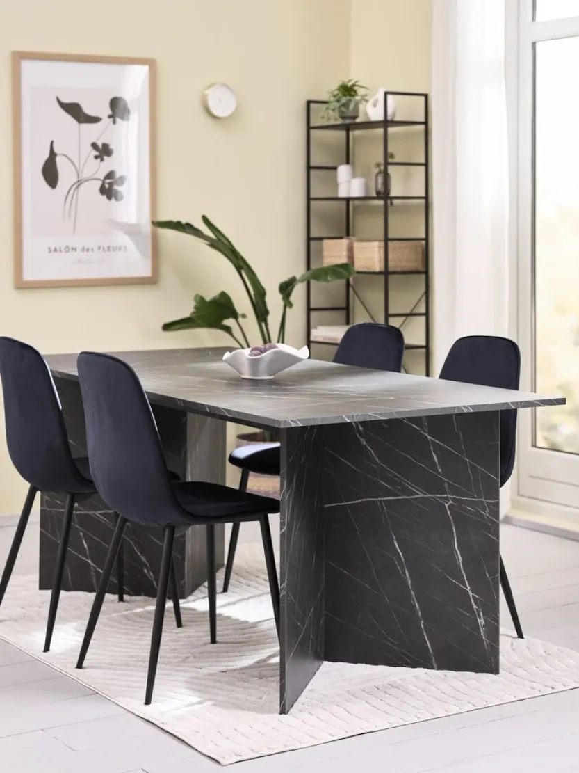 KRONDAL L180 tafel marmer + 4 BISTRUP fluweel donkerblauw