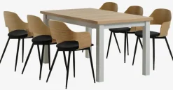 MARKSKEL L150/193 tafel lichtgrijs + 4 HVIDOVRE stoelen eik