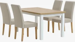 MARKSKEL L150/193 tafel wit/eiken + 4 TUREBY stoelen beige