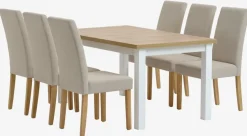 MARKSKEL L150/193 tafel wit/eiken + 4 TUREBY stoelen beige