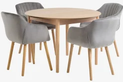 MARSTRAND Ø110 tafel eiken + 4 ADSLEV stoelen fluweel grijs