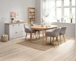 MARSTRAND Ø110 tafel eiken + 4 ADSLEV stoelen fluweel grijs