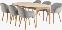 MARSTRAND Ø110 tafel eiken + 4 ADSLEV stoelen fluweel grijs