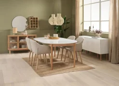 MARSTRAND Ø110 tafel wit + 4 ADSLEV stoelen beige