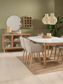 MARSTRAND Ø110 tafel wit + 4 ADSLEV stoelen beige