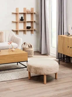 Poef RAMSDAL Ø70 beige teddystof/eiken kleur