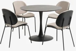 RINGSTED Ø100 tafel zwart + 4 TESTRUP stoelen zand