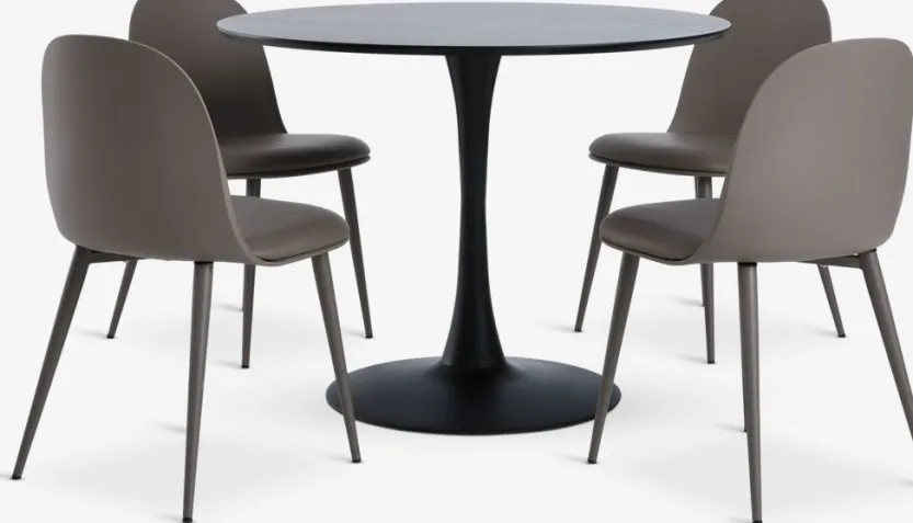 RINGSTED Ø100 tafel zwart + 4 ULDAL stoelen bruin