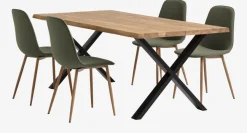 ROSLEV L200 tafel naturel eiken + 4 BISTRUP stoelen olijf