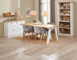 SKAGEN L200 tafel wit/eiken + 4 ADSLEV stoelen fluweel grijs