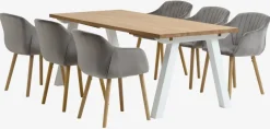 SKAGEN L200 tafel wit/eiken + 4 ADSLEV stoelen fluweel grijs