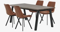 SKOVLUNDE L200 tafel donker eiken +4 HYGUM stoelen cognac
