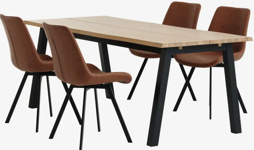 SKOVLUNDE L200 tafel naturel eiken + 4 HYGUM stoelen cognac
