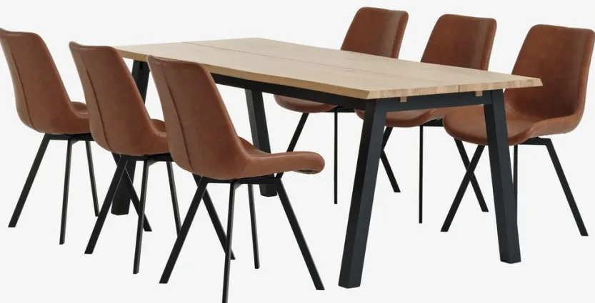 SKOVLUNDE L200 tafel naturel eiken + 4 HYGUM stoelen cognac