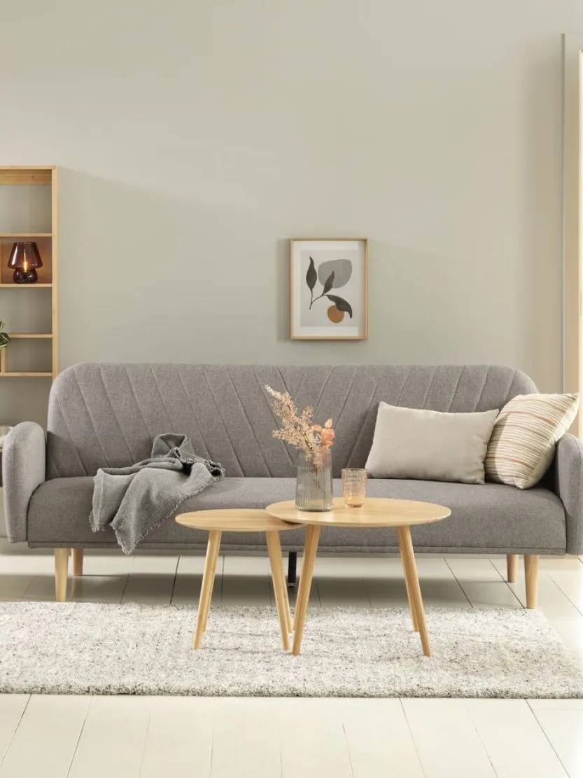 Slaapbank PARADIS lichtgrijze stof/eiken kleur