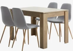 VEDDE L120 tafel wild eiken + 4 JONSTRUP stoelen grijs/eiken