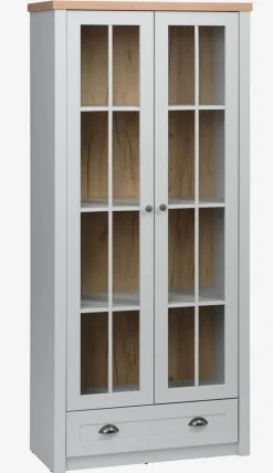 Vitrinekast MARKSKEL 2 deuren lichtgrijs/eiken kleur